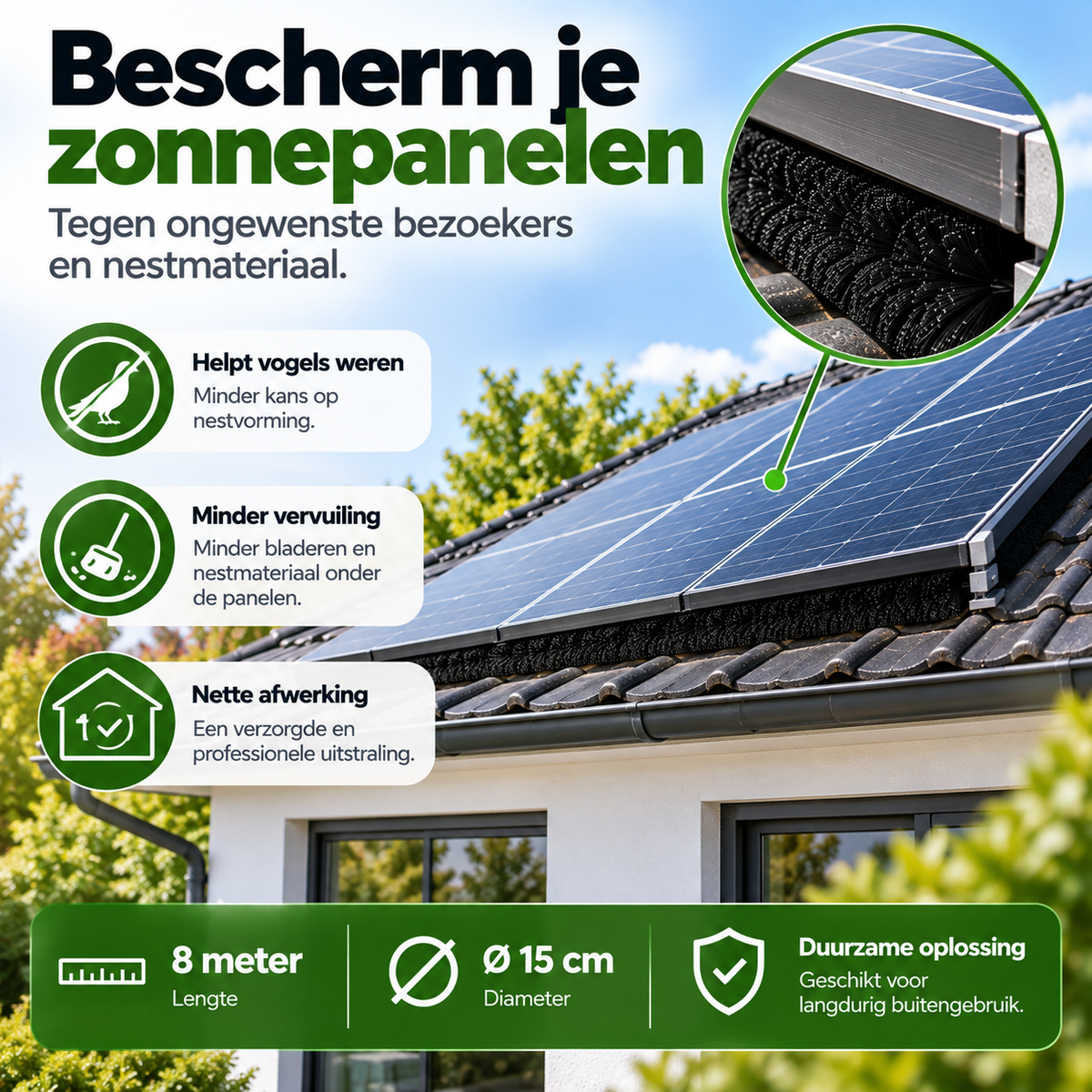 Zonnepanelen op een woning beschermd met vogelwering onder de panelen, voor minder vogels en minder vervuiling